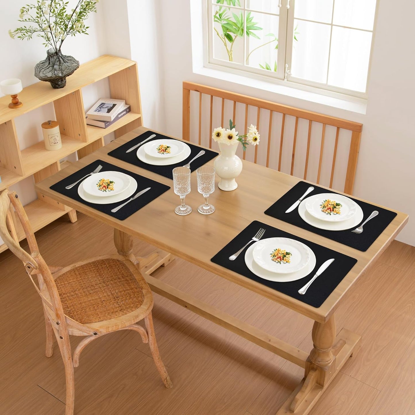 FROMHEART Faux Leather Placemats Set of 12–Waterproof,Heat/Oil Stain-Resistant PU Table Mat–Reversible,Non-Slip,Easy to Clean Place Mats for Kitchen,Dining,Indoor/Outdoor,(Black,11.8" x 17")