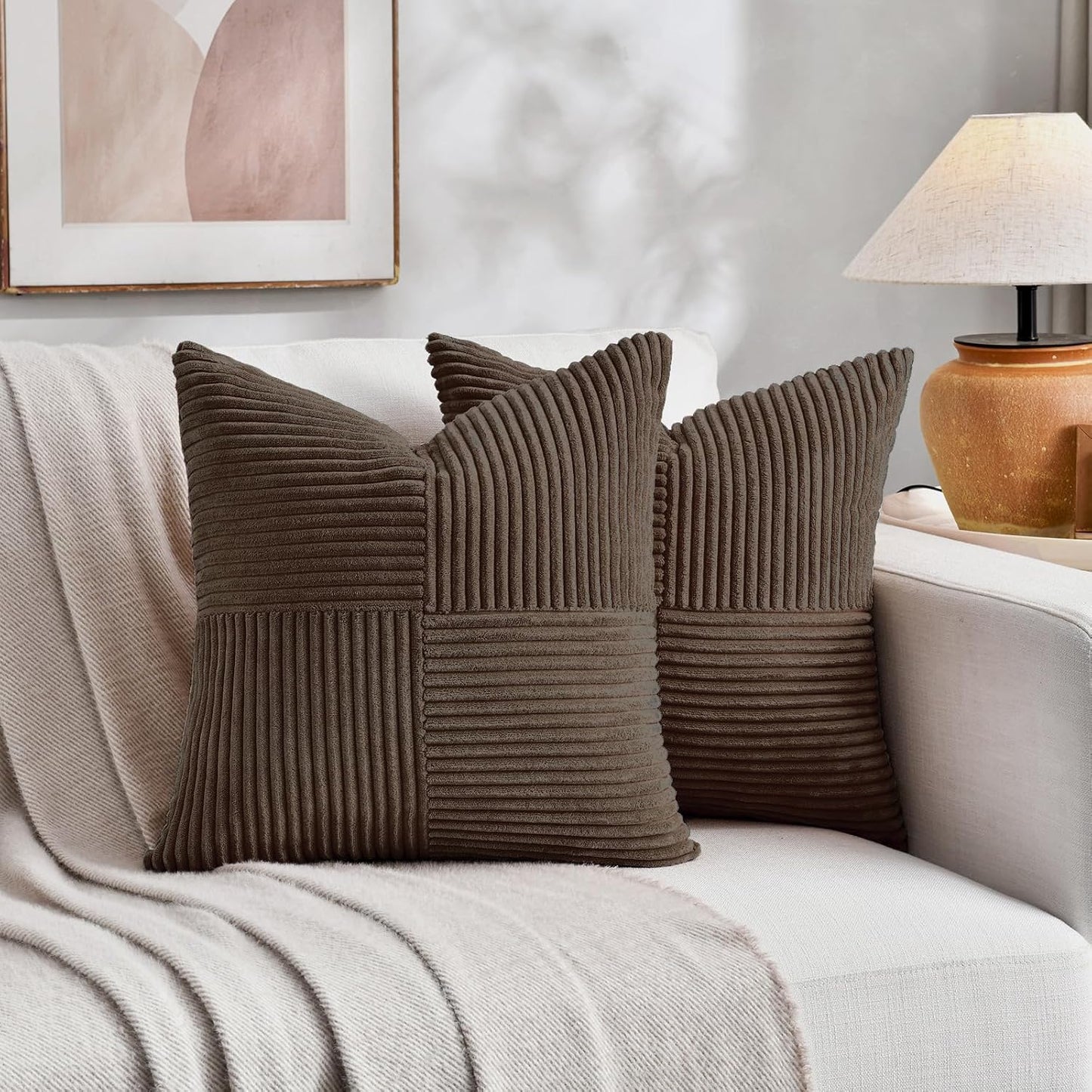 Fancy Homi 2 Packs Dark Brown Big Decorative Throw Pillow Covers 24x24 Inch for Living Room Couch Bed, Farmhouse Boho Home Decor, Soft Corss Corduroy Patchwork Accent Square Cushion Case 60x60 cm