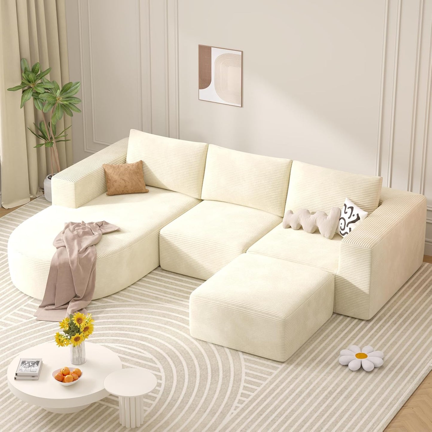 Modular Sectional Sofa with L-Shape Chaise,Cloud Sectional Modern Sleeper Couch with Deep Seat,Sponge Compression Sofas No Assembly Required (Beige-Corduroy Fabric) 1pcs