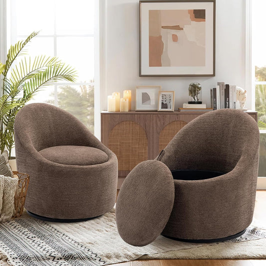 COLAMY Swivel Accent Chair Set of 2, 360° Swivel Round Chair with Hidden Storage, Modern Small Barrel Armchair for Living Room/Bedroom, Brown