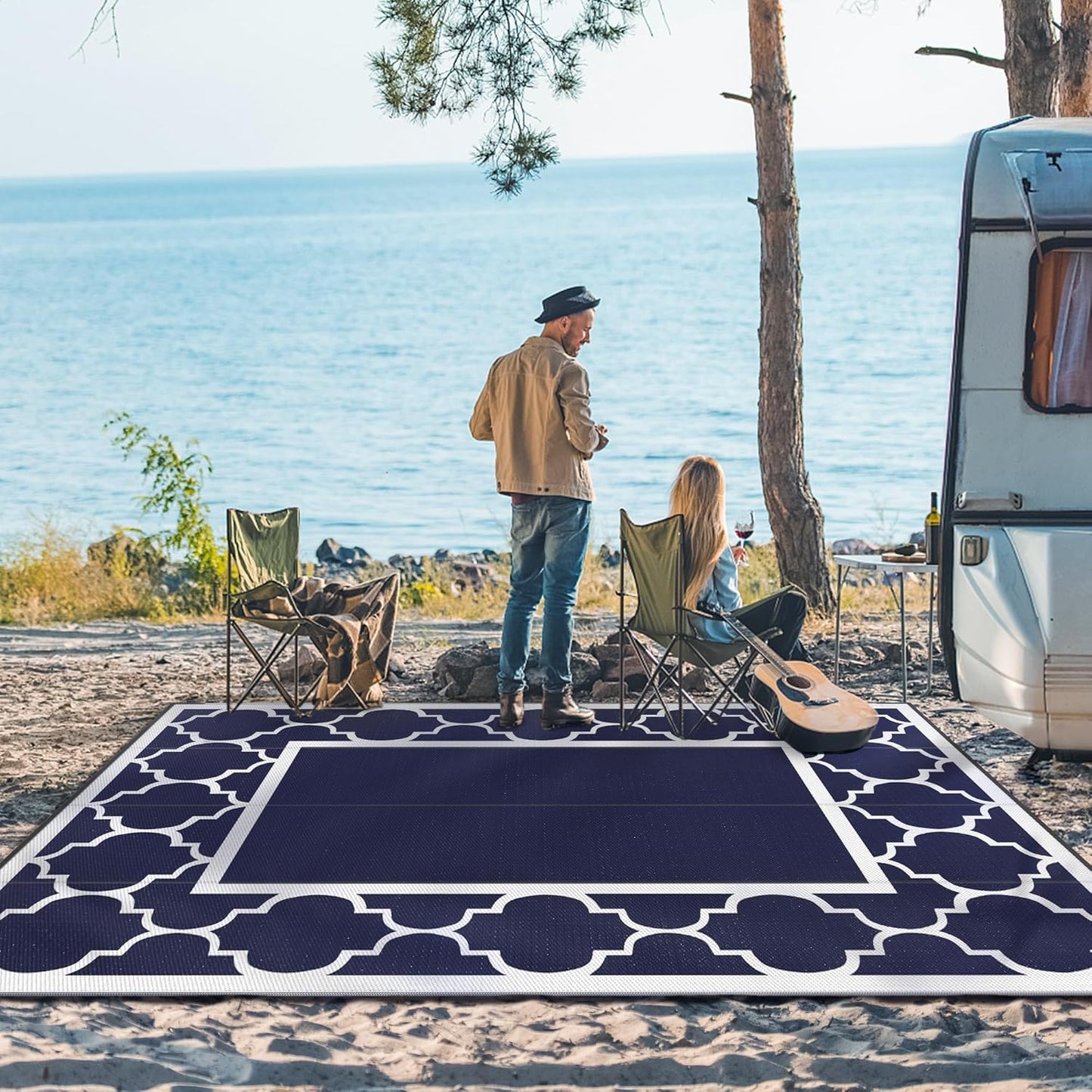 GENIMO 10' x 14' Outdoor Rug Waterproof for Patio, Foldable Reversible Plastic Straw Area Rugs Mat for Rv Decor, Outside Carpet for Camper, Deck, Picnic, Beach, Balcony, Porch, Blue & White