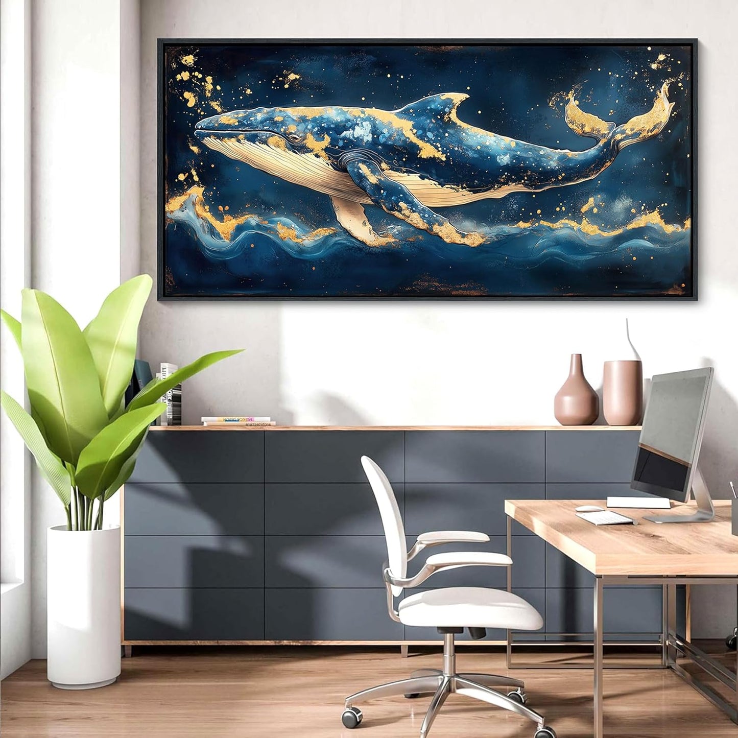 JEAWA Large Framed Canvas Painting - Marine Animal Wall Art Decor, Blue White Gold Whale Picture, Modern Art Prints for Living Room Bedroom Bathroom Home Decoration, 29x58 IN