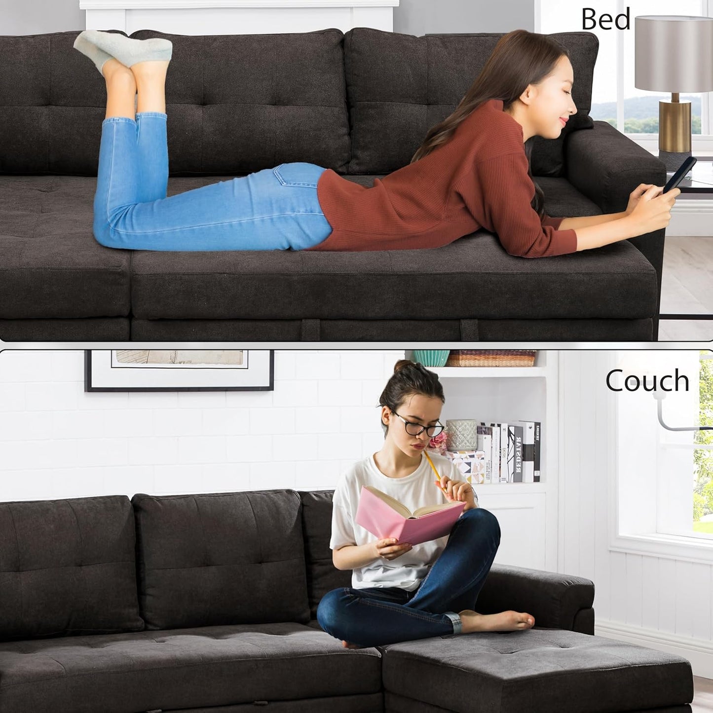 Naomi Home Transform Any Space: Sleeper Sectional Sofa with Convertible Sofa Bed & Inviting Chaise. Find Tranquil Comfort with Stress-Relieving Design & Durable Cushions - Espresso/Velvet