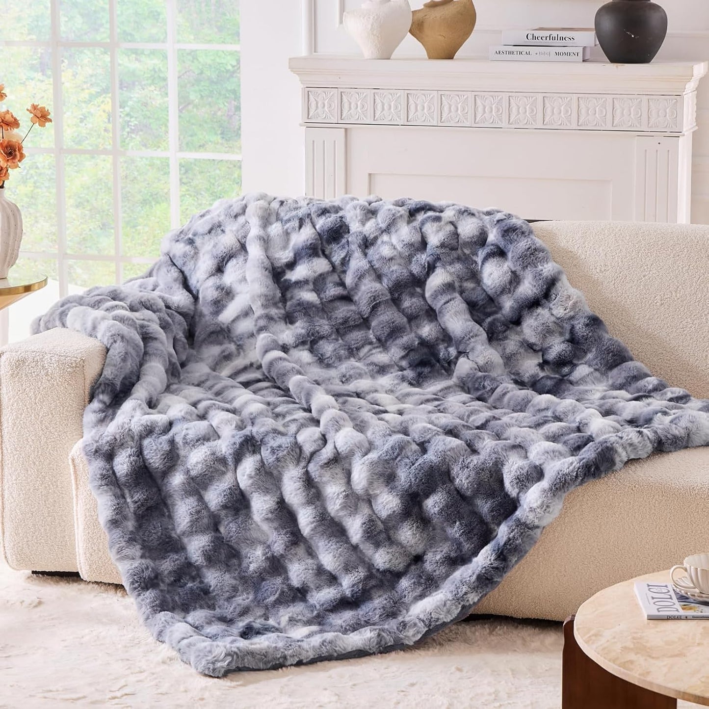 BENVWE Fluffy Faux Fur Throw Blanket for Couch - Soft, Plush, Thick, Cozy, Fuzzy Luxury Minky Bubble Blanket for Home Living Room Decor, Gifts for Women, Tie-dye Light Grey, 63" x 80", 1100GSM