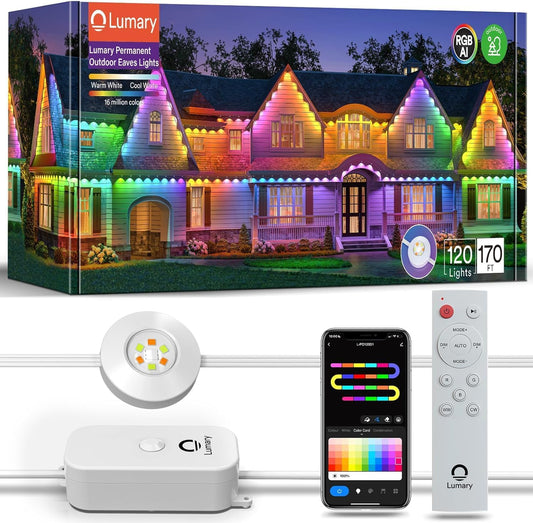 Lumary Permanent Outdoor Lights Pro 158ft for House, 120LED 50lm RGBAICW Smart Eave Lights, IP67 Waterproof, Multi Scenes for Daily and Holiday Accent Lighting Decor, Work with Alexa, Google, Remote