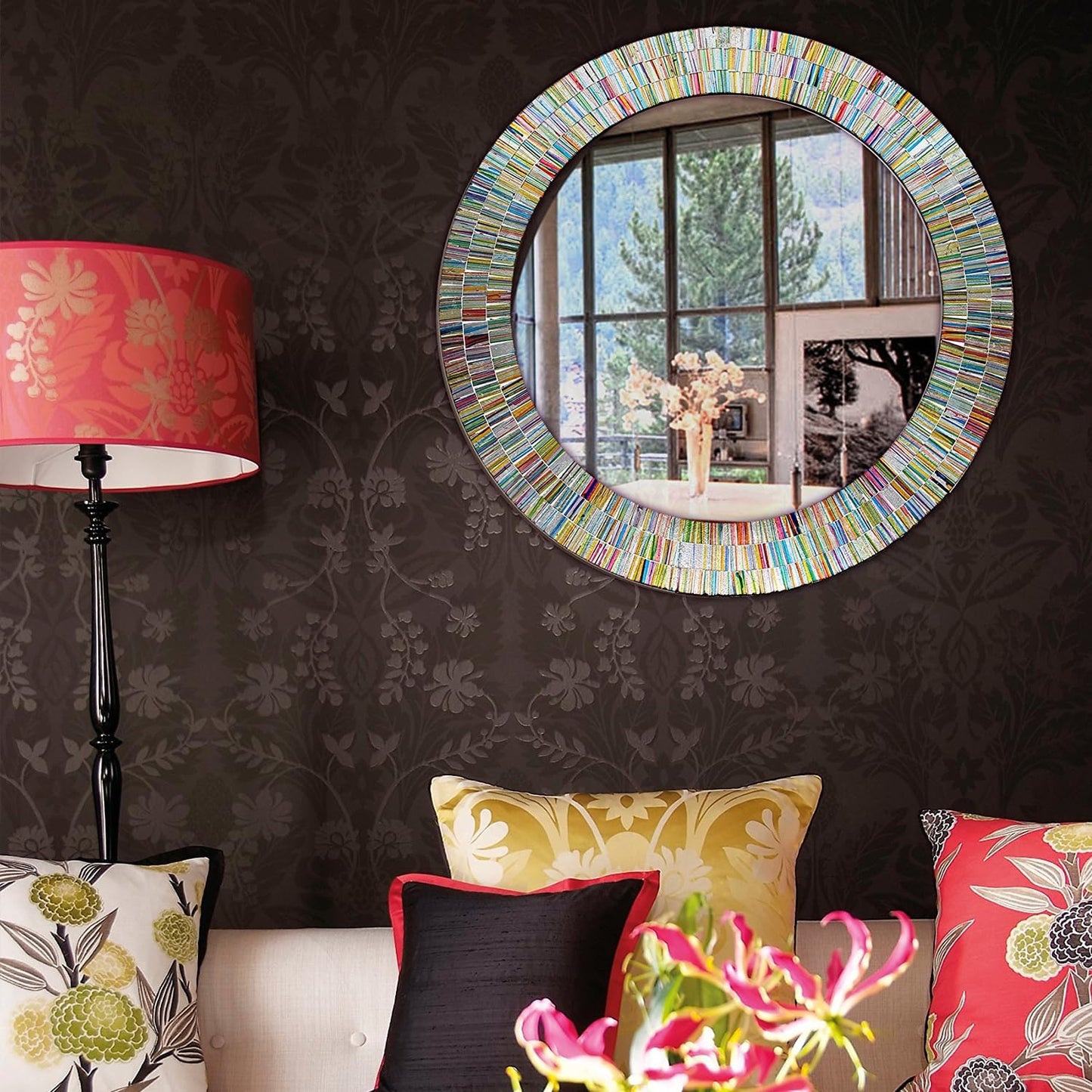 Bohemian Rainbow Wall Mirror -Glass Mosaic Mirror Decorative Wall Mirror, Multi Color Spectrum Wall Mountable, 24" Multi-Color Round Framed Mirror