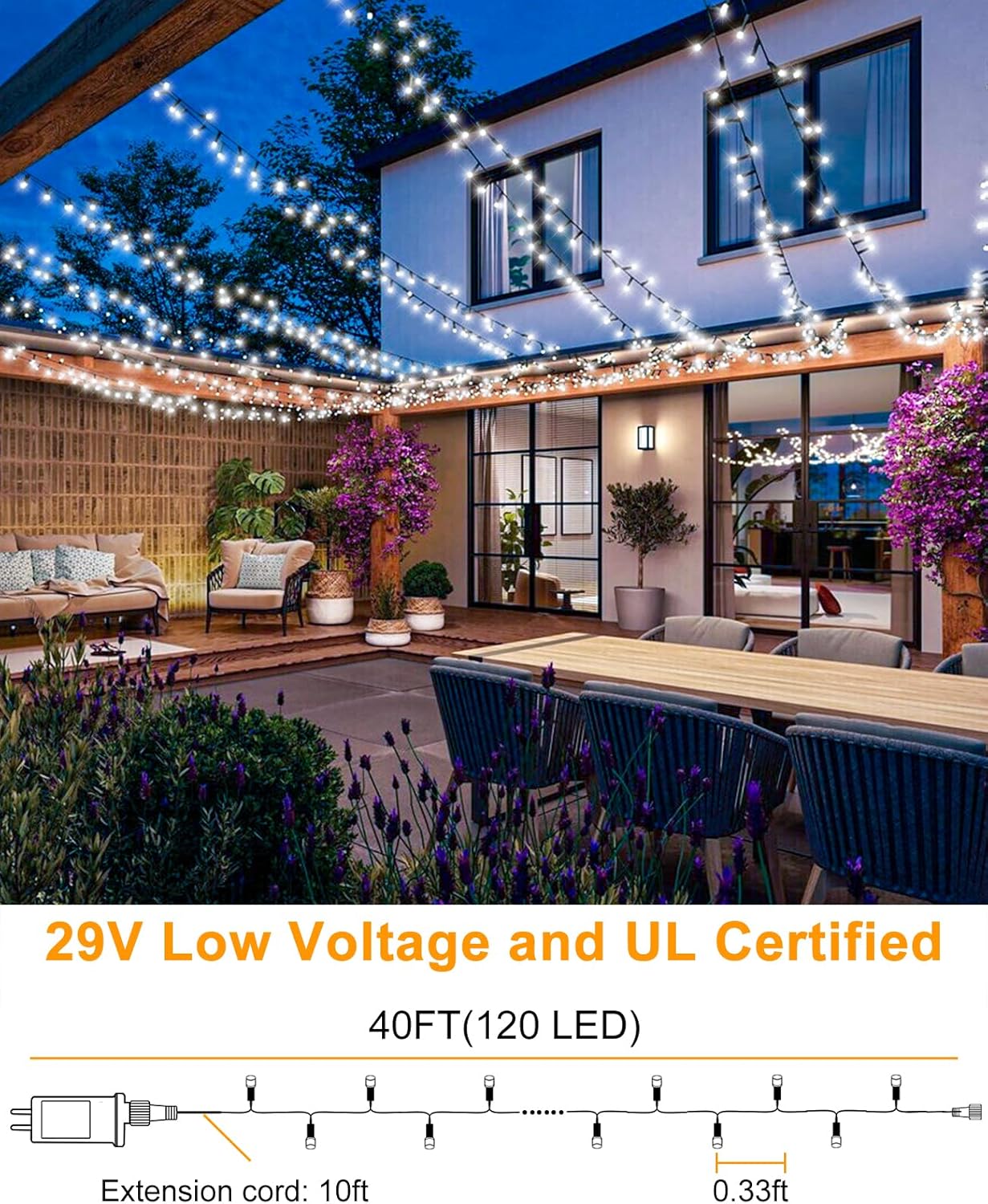 40FT 120 LED Christmas Lights Outdoor, Green Wire Christmas Tree Lights with 8 Modes & Waterproof, Connectable Plug in String Light for Indoor Bedroom Yard Party Wedding Decorations, White