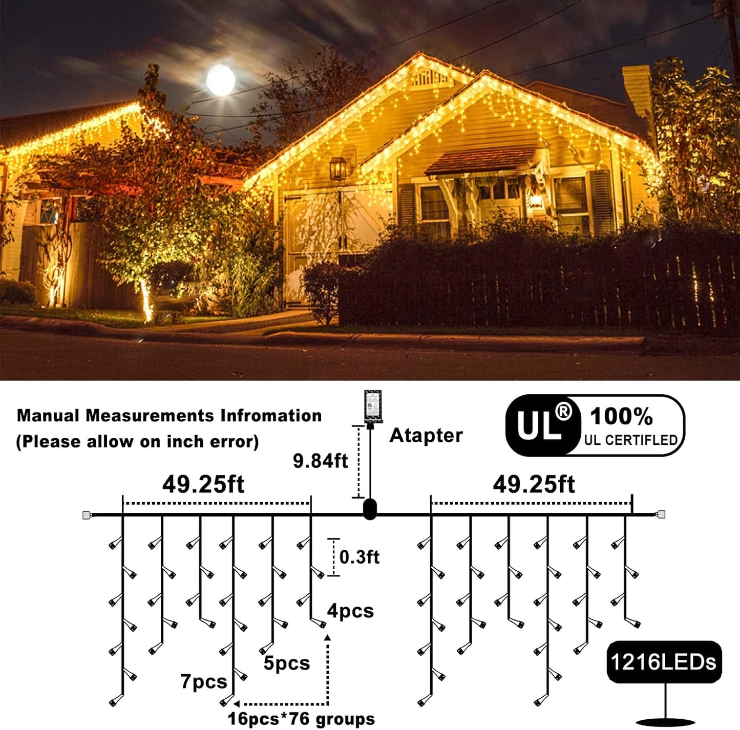 Icicle Lights for Outside 99ft 1216 LED Christmas Lights Outdoor 8 Modes with 228 Drops, Waterproof Plug in Fairy String Lights for Party, Holiday, Wedding, Christmas Decoration, Warm White