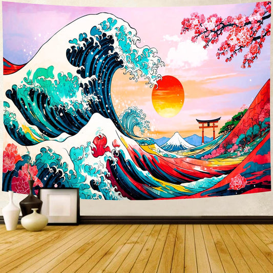 Delur Great Wave Tapestry Japanese Sunset Ocean Sea Wave Off Kanagawa Tapestry Wall Hanging Vintage Asian Anime Cherry Blossom Nature Headboard for Bedroom Living Room Home Decor (59.1" x 78.7")