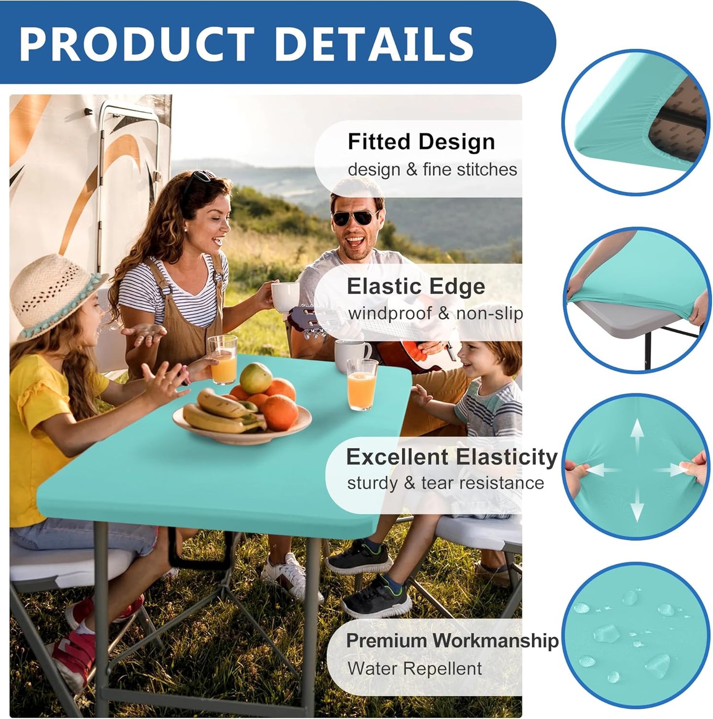 Fitted Tablecloth for 8 foot Rectangle Tables-6 Pack Aqua Blue Elastic Outdoor Picnic Table Cover-Spandex Stretch Folding Table Cloths 8ft for Camping Dining Room Patio Kitchen Banquet Party