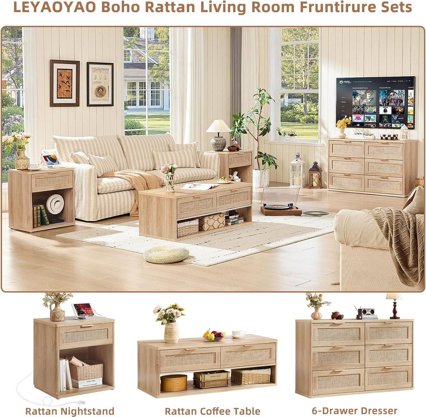 LEYAOYAO 48" Farmhouse Boho Rattan Coffee Table with 2 Woven Drawers,Rectangular Coffee Tables with Hidden Storage Compartment,Curved Profile Design,Wooden Center Table for Living Room,Natual Wood