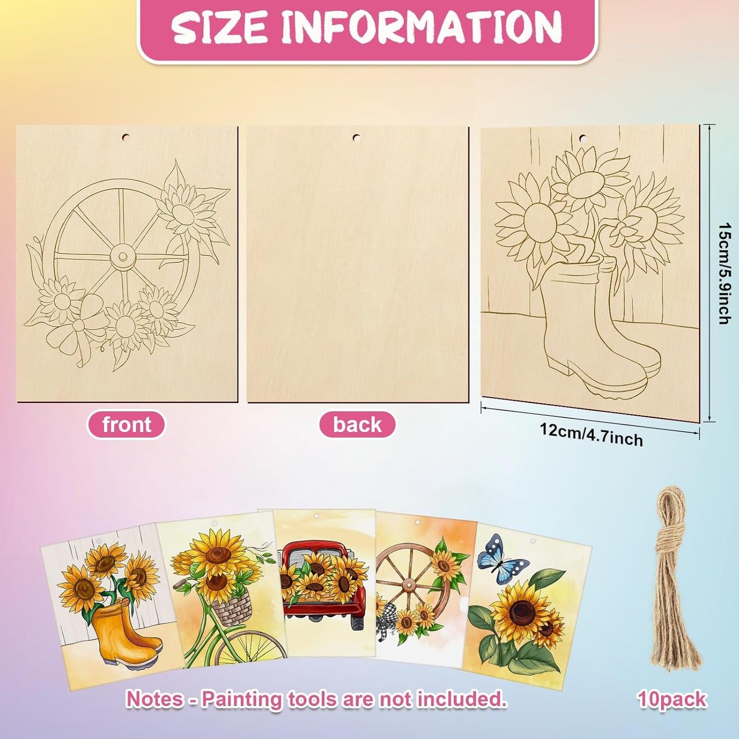 COCHIE 10 Pieces Large Sunflowers Unfinished Wood Crafts to Paint for Adults and Kids, Bulk Predrilled Wooden Ornaments for Painting, Summer Sunflower Paintable Wood Slices Craft Supplies with Ropes
