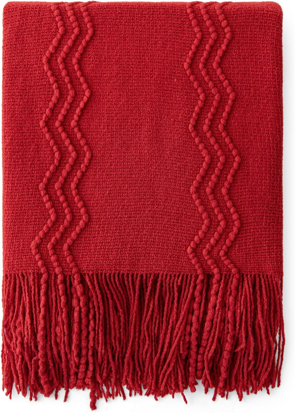 MIULEE Red Knitted Throw Blanket for Couch Boho Textured Cozy Woven Blanket with Tassels for Sofa Chair Bed Living Room Acrylic Wave Pattern 60"x80"