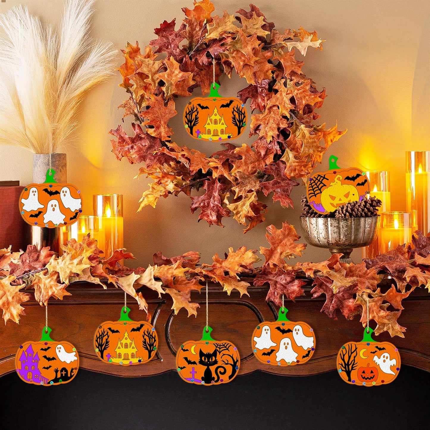 36PCS Wooden Pumpkins Ornaments to Paint Halloween Thanksgiving Decoration Cutouts Unfinished 3.5 inches, DIY Blank Unfinished Pumpkin Ornament for Home Harvest Crafts Hanging Autumn Decor（6Style）