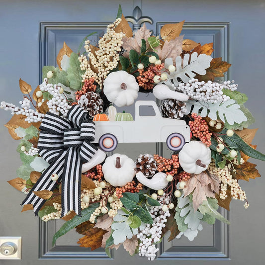 Fall Wreath for Front Door,20 inch White Pumpkin Door Wreath with Truck and Bow, Harvest Porch Decor, Fall Decoration Indoor Outdoor,