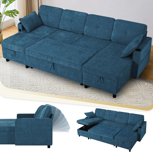 110 Inches Chenille Sectional Sofa w/Pull Out Sofa Bed & Adjustable Back, Tufted U Shaped Couch w/Two Storage Chaises, Sleeper Sectional Sofa w/USB Port & Cup Holders for Living Room, Blue