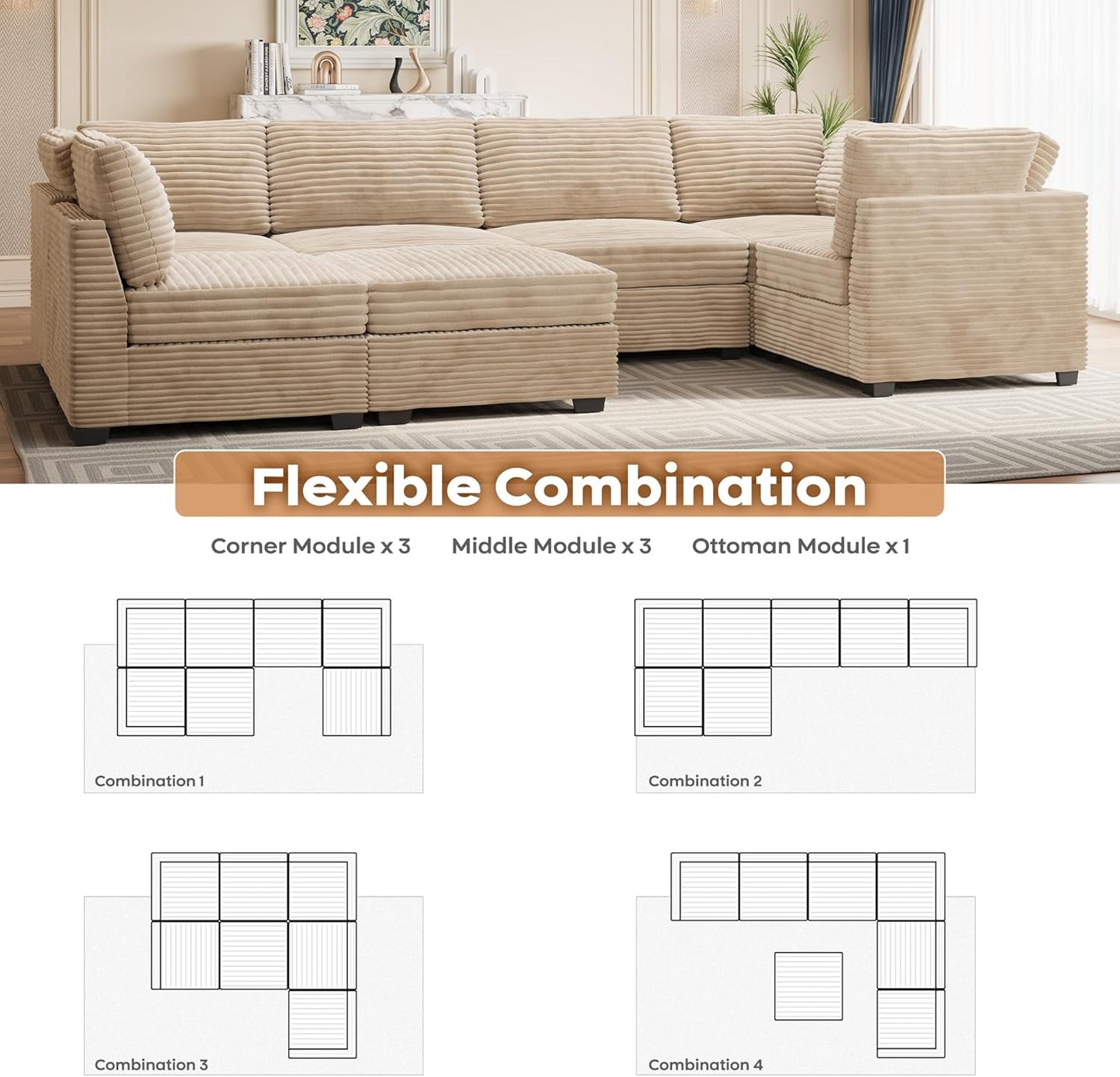 ovios Sectional Sofa Couch with U-Shape Chaise Sofa Bed, Comfy Modular Cloud Couches with Deep Seat, Modern Upholstered Plush Corduroy Sofas Set for Living Room, 7-Seater, Beige