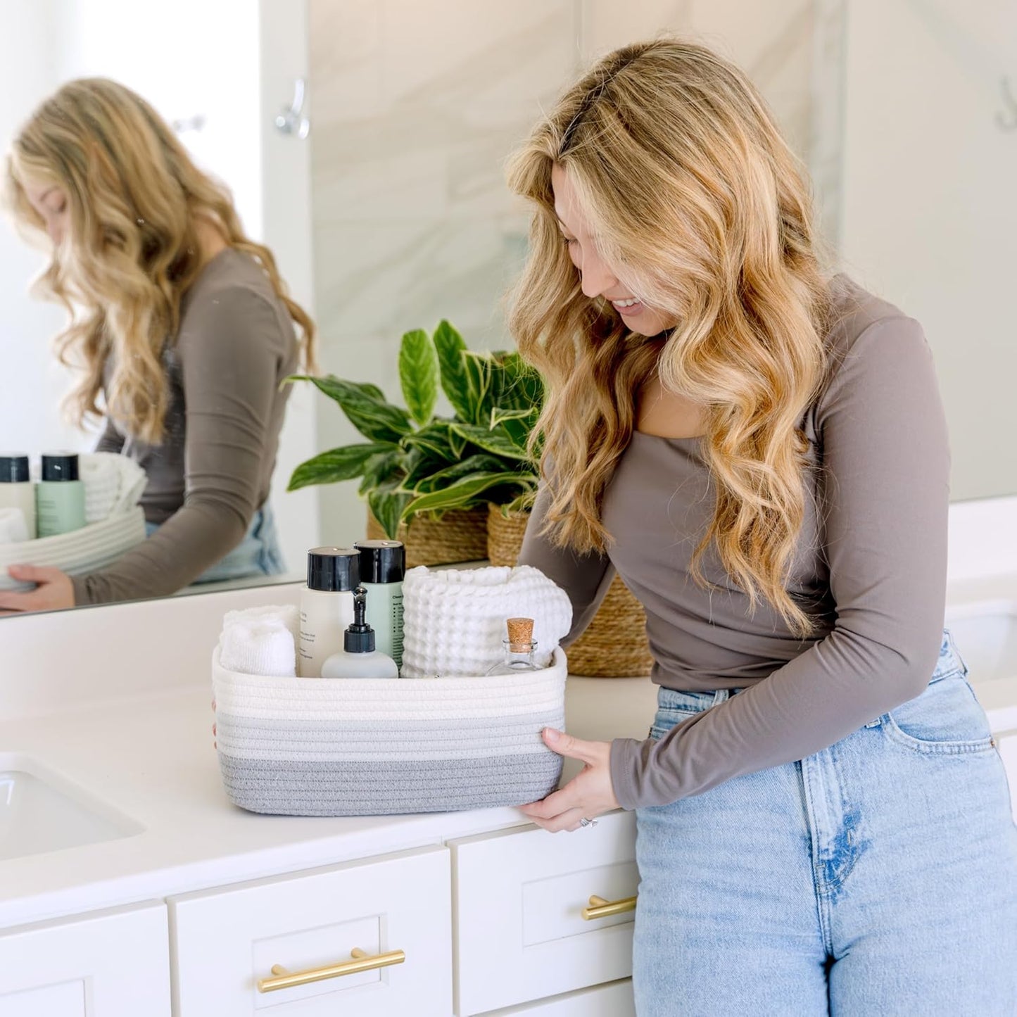 NaturalCozy 11.8"x8"x4.5” Rectangle Storage Baskets for Shelves 3 Pack | Cotton Rope Woven Small Baskets for Organizing | Small Storage Bins for Nursery, Bathroom, Closet, Shelf, Decorative, Gift