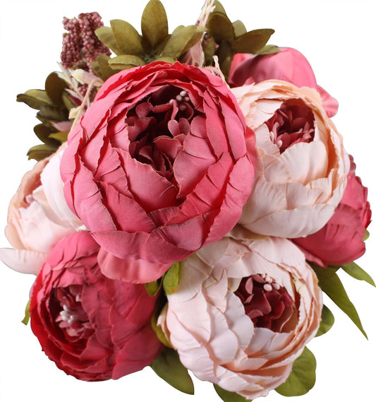 Duovlo Fake Flowers Vintage Artificial Peony Silk Flowers Wedding Home Decoration,Pack of 1 (Dark Pink)