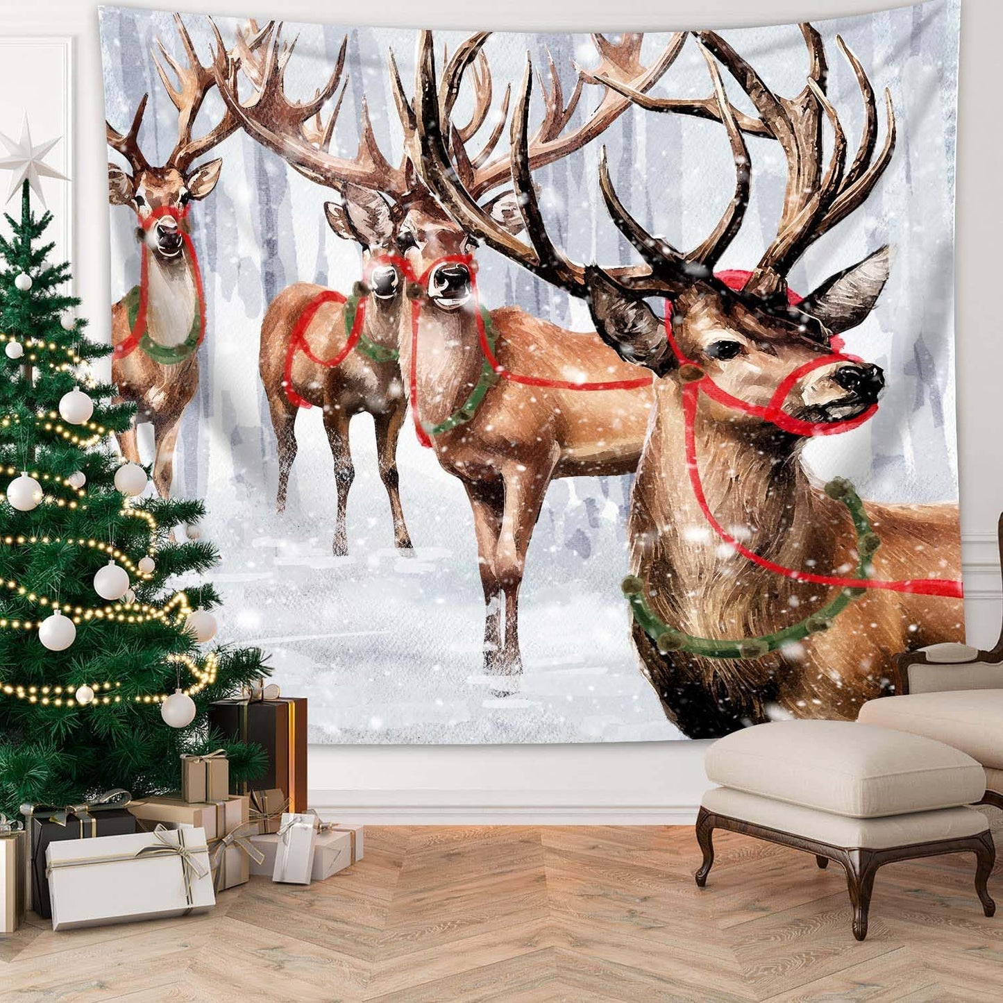 QGHOT Winter Tapestry Wall Hanging Winter Forest Backdrop Christmas Snowy Deer Wall Decor Snow Elk Tapestries for Bedroom Living Room Dorm Party Decoration