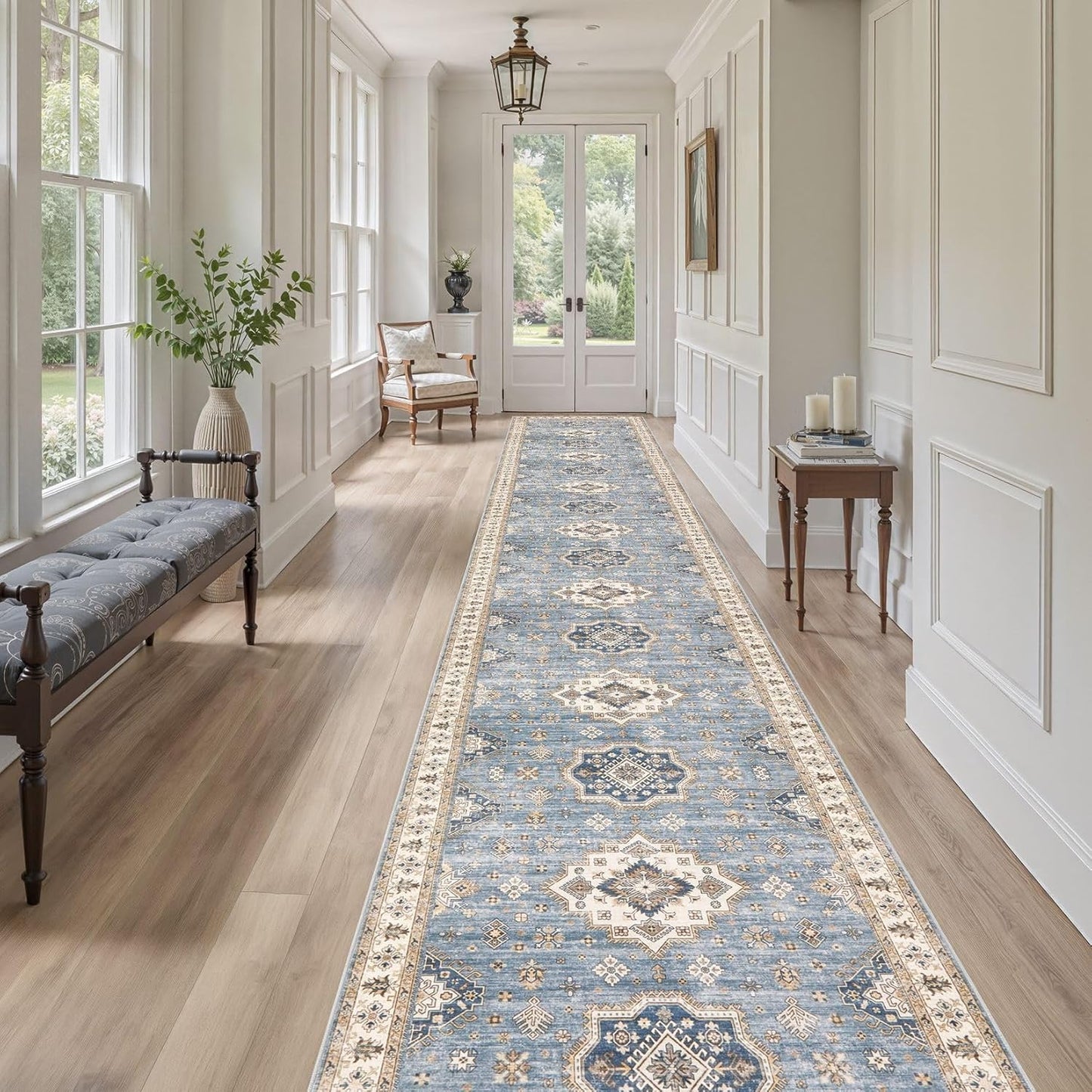 Washable 3x20 Runner Rug - Area Rugs Neutral Vintage Distressed Floral Farmhouse Boho Large Soft Floor Rug Indoor Carpet for Hallway Entryway Home - Blue