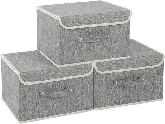 Fabric Storage Bins Cube Organizers with Flip-Top Lid and Handles,Storage Boxes for Organizing Home,Office,and Closet,Grey,3 Pack 13 X 9.1 X 7.9 in