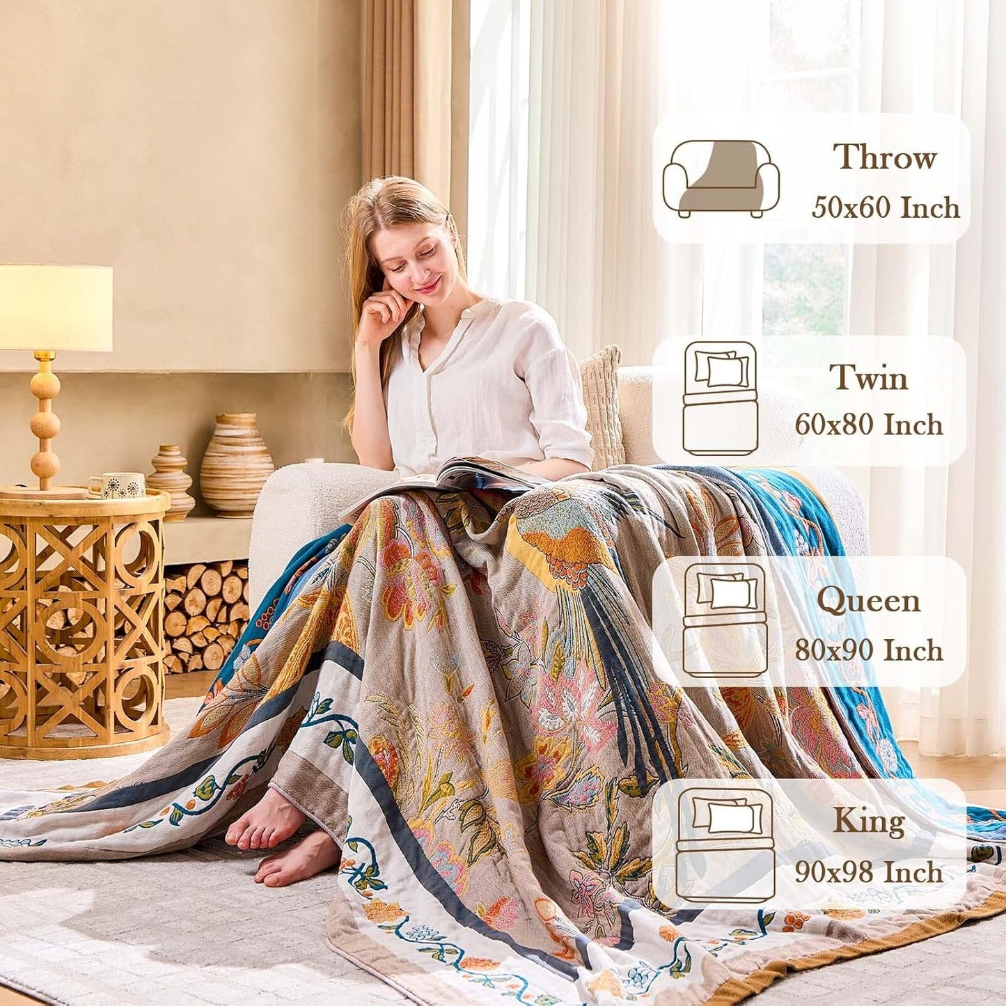 Boho Blanket, 100% Cotton Farmhouse Decorative Throw Blanket, 80"x90" Reversible Bohemian Throw Blanket, Brown All Season Muslin Breathable Woven Blankets Quilt