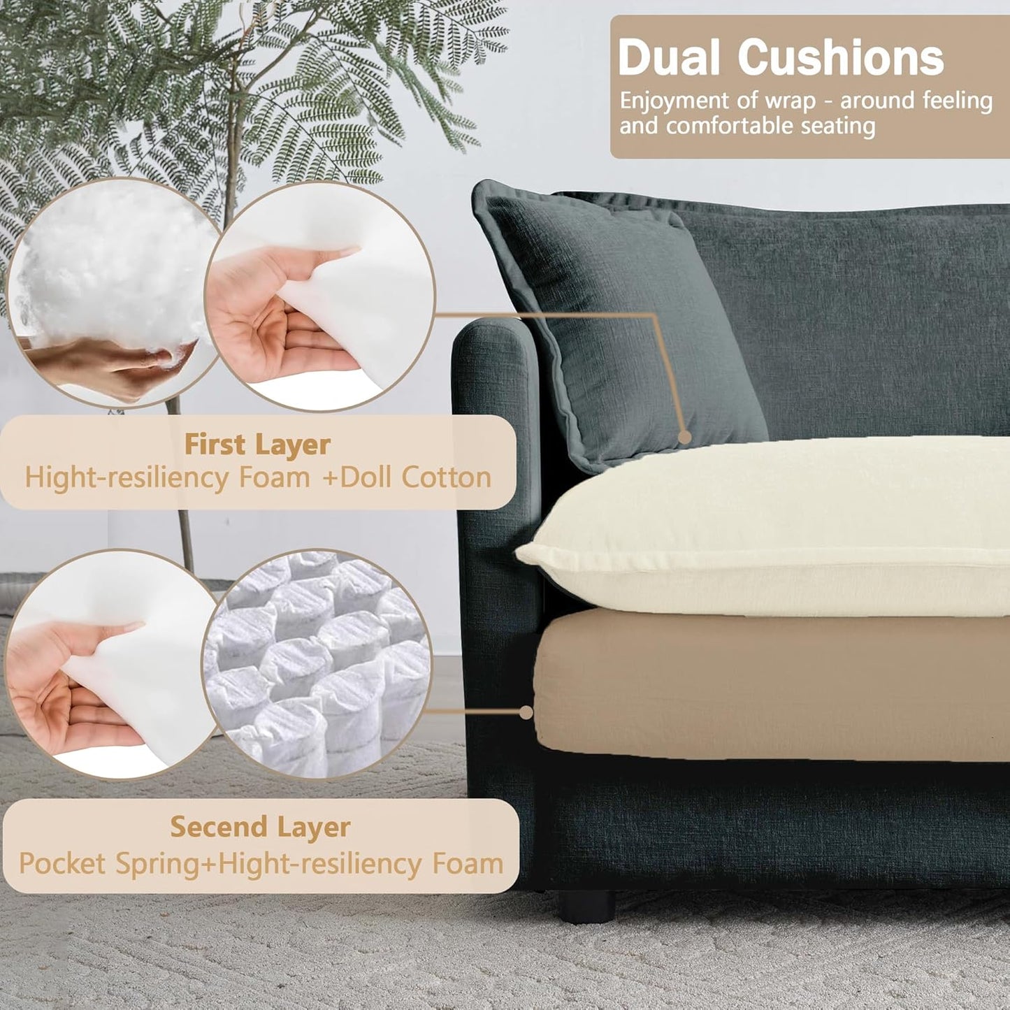 Sectional Sofa 4 Seater with Movable 1 Ottoman,Oversized Modular Couch Deep Seat (Grey, 146.5 inch-L)