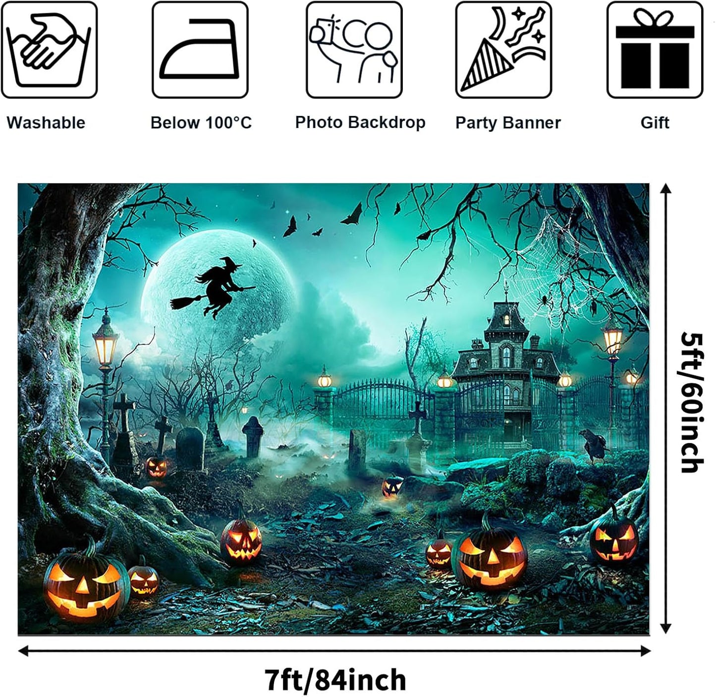 Avezano Halloween Photography Backdrop Full Moon Scary Night Castle Pumpkins Party Background Spooky Witch Bats Cemetery Child Kids Halloween Party Decorations Photoshoot Backdrops (7x5ft, Green)