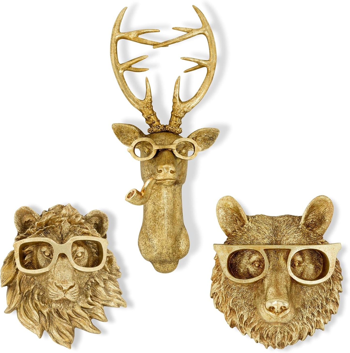 Luxicoze Gold 3pcs Animal Heads Wall Decor - Victorian-Style Lion Head, Bear Head, and Deer Head Wall Mount Decor, Adorned with Spectacles, Resin Home Decor Sculptures for Artistic Living Rooms, Animal Statue.