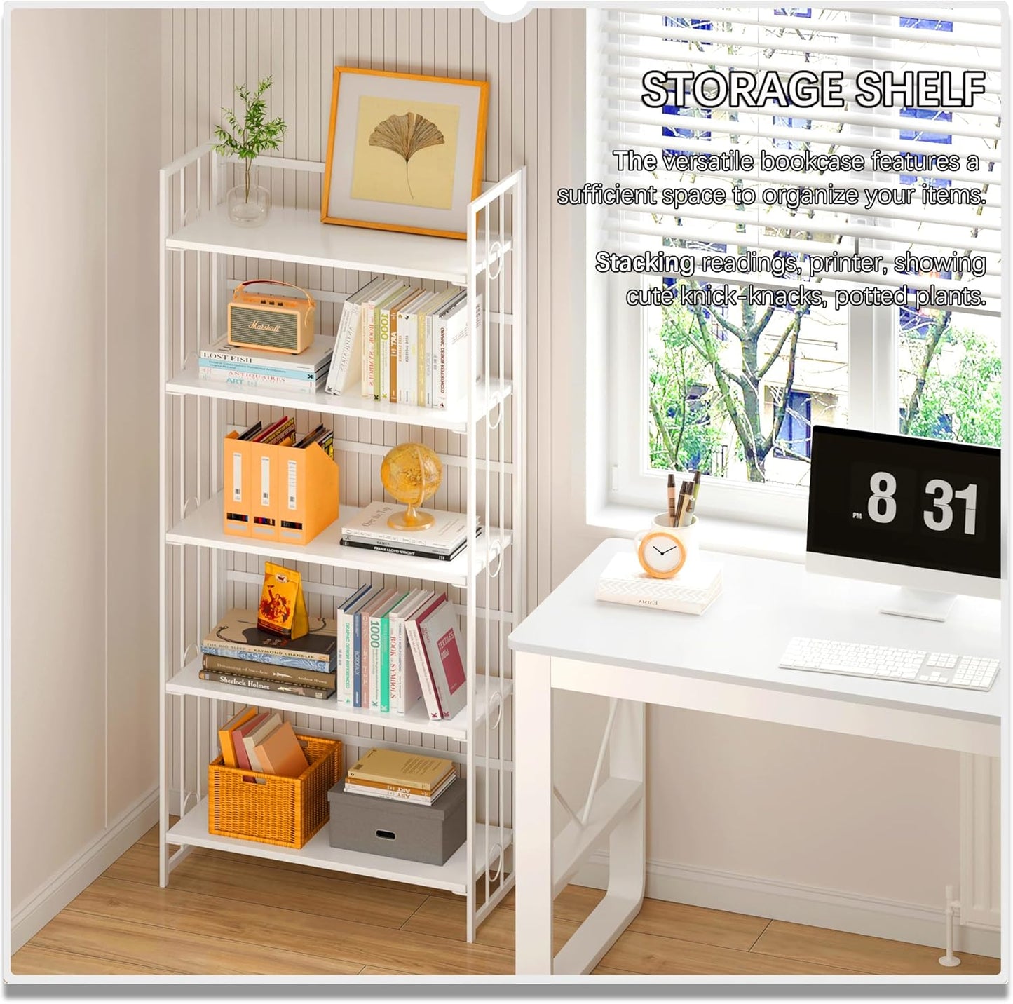 4NM No Assembly 5 Tiers Folding Bookshelf, 59.4" H Foldable Storage Shelves Vintage Bookcase Standing Racks Study Organizer Home Office - All White