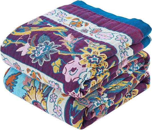 Fall Blanket for Bed, 100% Cotton Soft Rustic Boho Throw Blanket Quilt, 50"x60" Farmhouse Decor Bed Flower Blankets, Light Weight Reversible Bohemian Throw Quilt