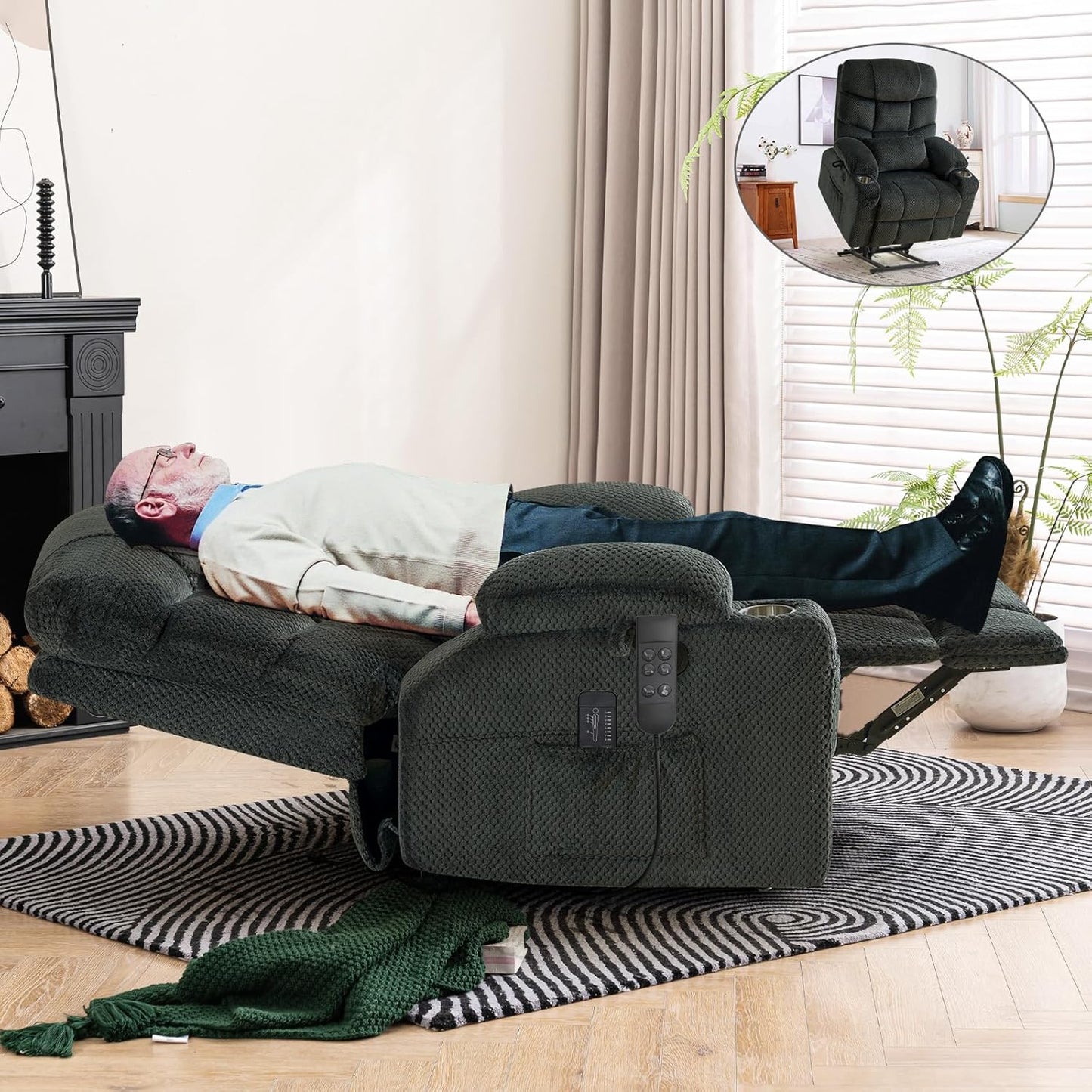 Oversized Dual Motor Lay Flat Power Lift Recliner Chair with Massage, Heating, Lumbar Pillow, USB & Type-C Ports, Textile Lift Chair Recliner, Large Recliner for Big & Elderly People - Grey