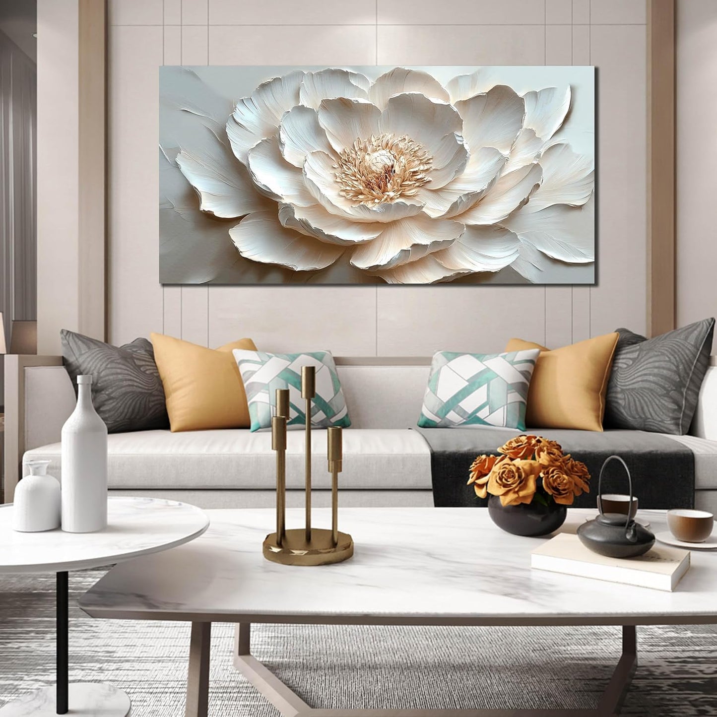 White Flower Wall Art for Living Room - Large Modern Wall Art Bedroom - Floral Bedroom Wall Decor for Teen Girls Size 29" x 59"