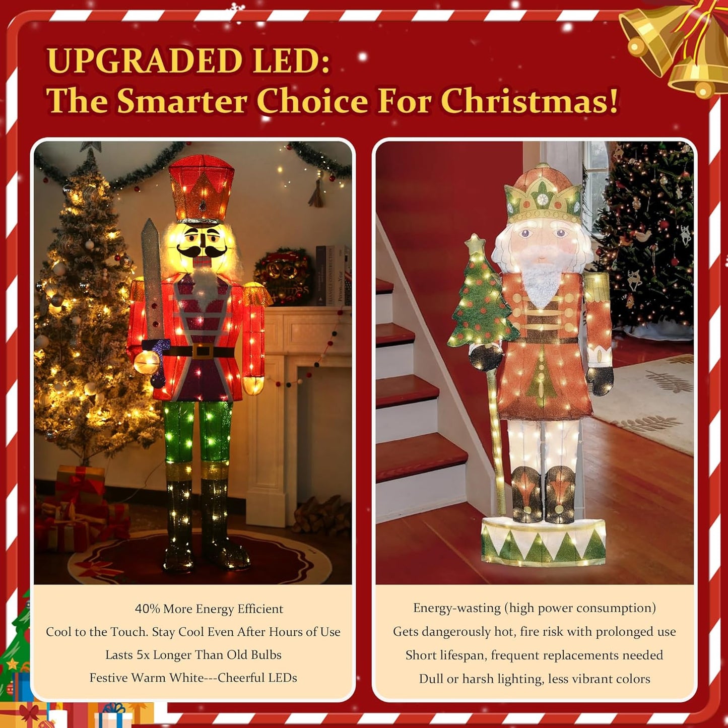 61Inch Nutcracker Christmas Decor Outdoor with LEDs 5 Feet Lighted Large Nutcracker Lighted Christmas Decorations Outdoor with Stakes & Zip Ties for Xmas Yard, Porch, Lawn