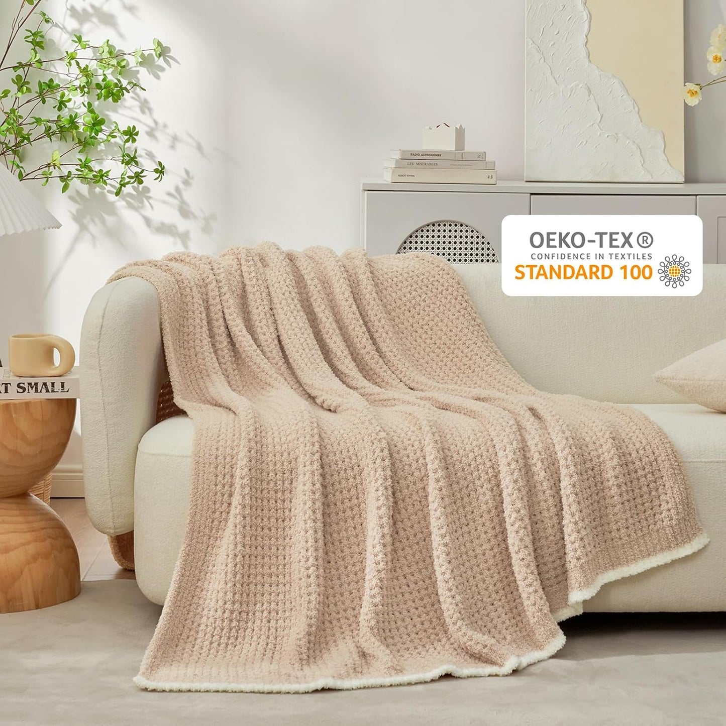 Snuggle Sac Waffle Throw Blanket for Couch Bed Sofa 50x60 inches, Reversible Beige Blanket Microfiber Fluffy Fuzzy Cozy Knit Soft Throws for Women Mothers Birthday Gifts