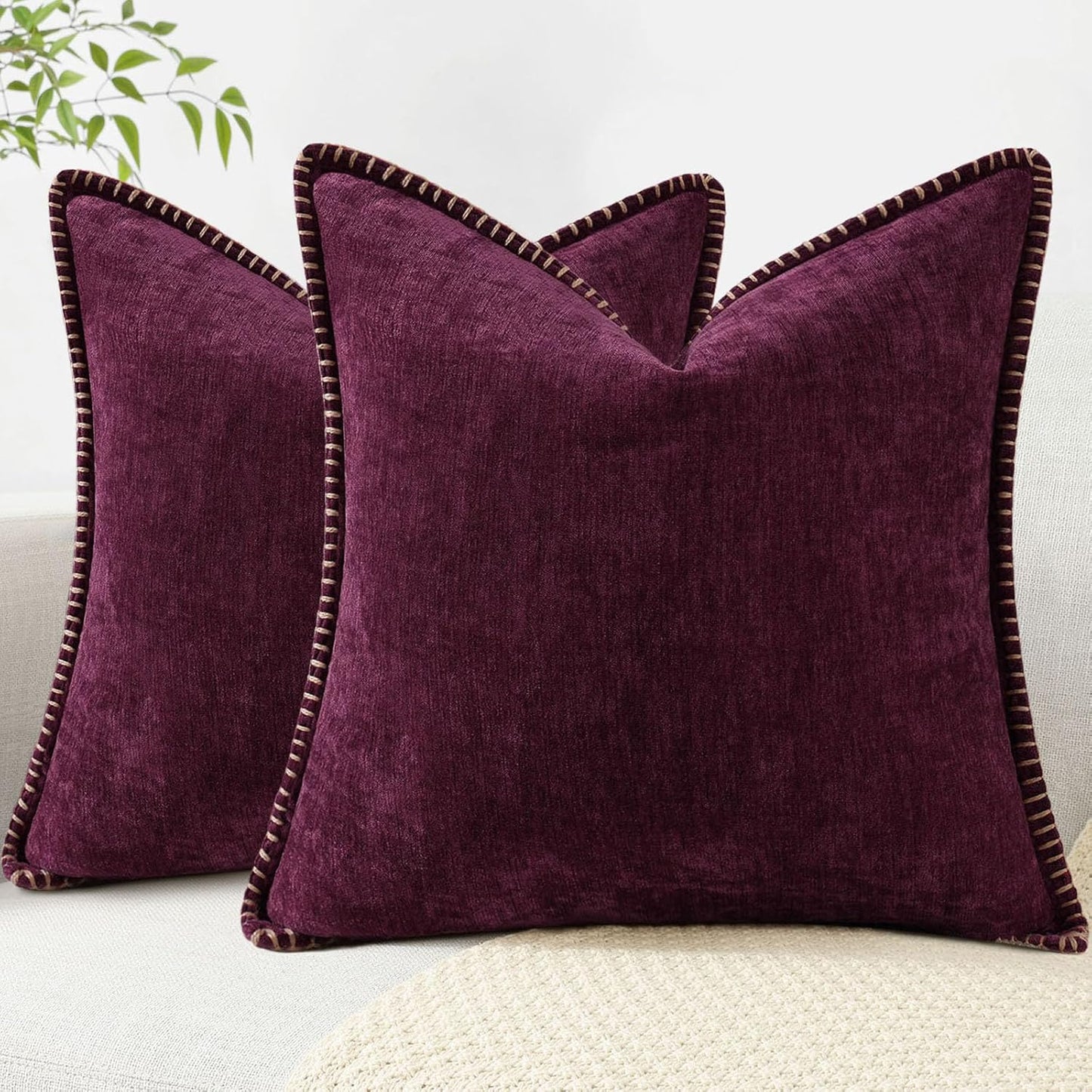 decorUhome Chenille Soft Throw Pillow Covers 26x26 Set of 2, Farmhouse Velvet Neutral Decorative Euro Pillow Covers with Stitched Edge for Couch Sofa Bed Home Decor, Rhododendron