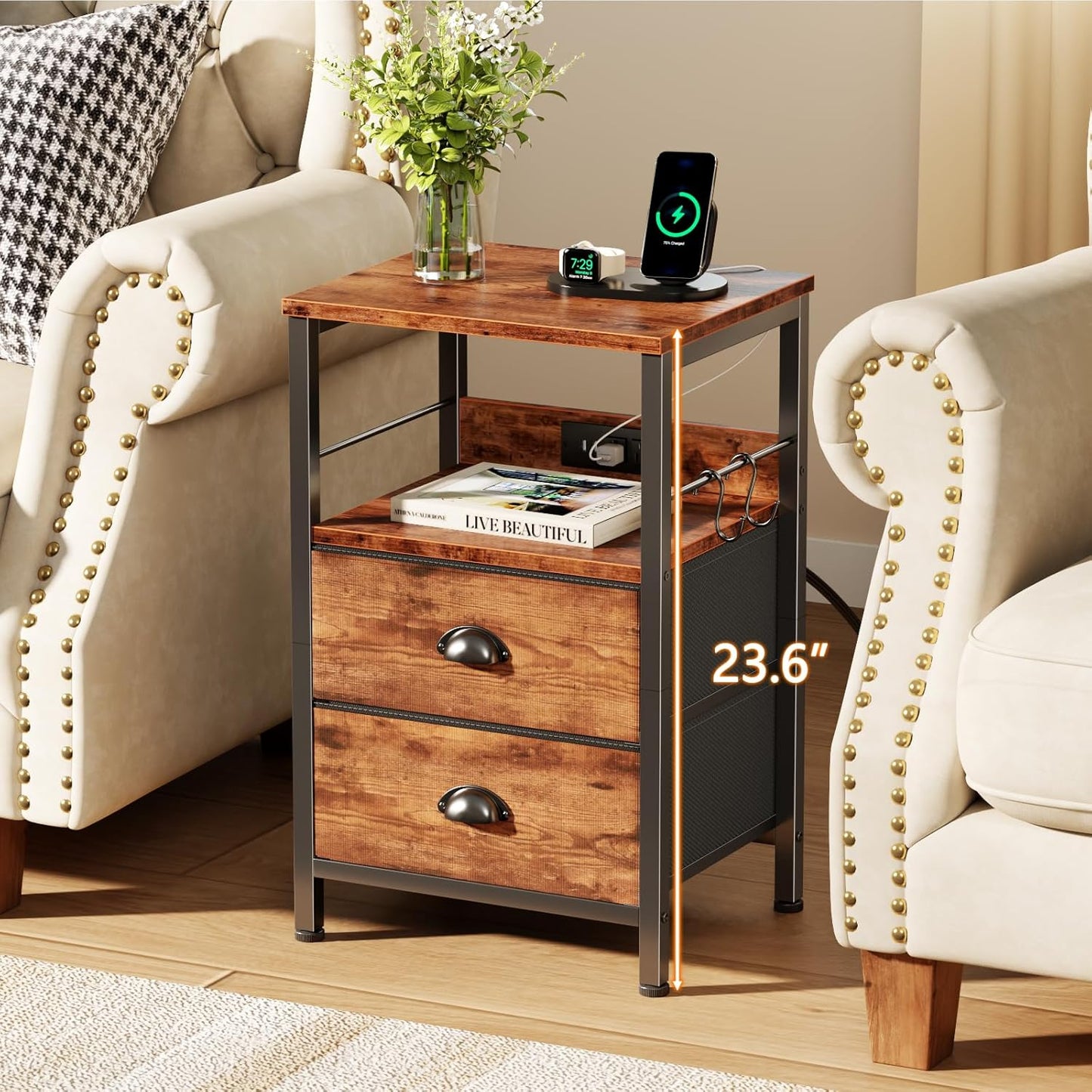 Furologee Nightstand Set of 2, Rustic Brown, with Charging Station and USB Ports, Side Tables with 2 Fabric Drawers, Bedside Tables with Storage Shelf & Hooks, for Living Room/Bedroom