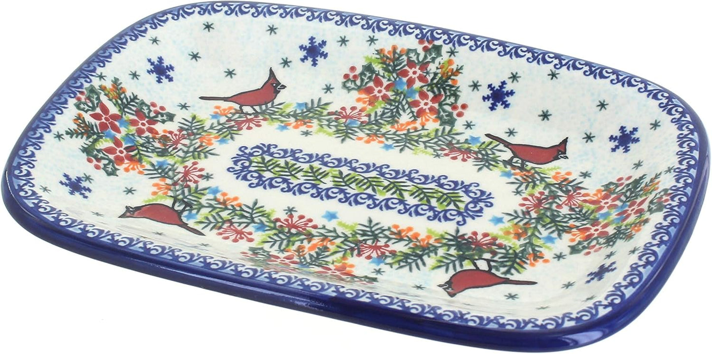 Blue Rose Polish Pottery Winter Cardinal Small Rectangular Serving Platter