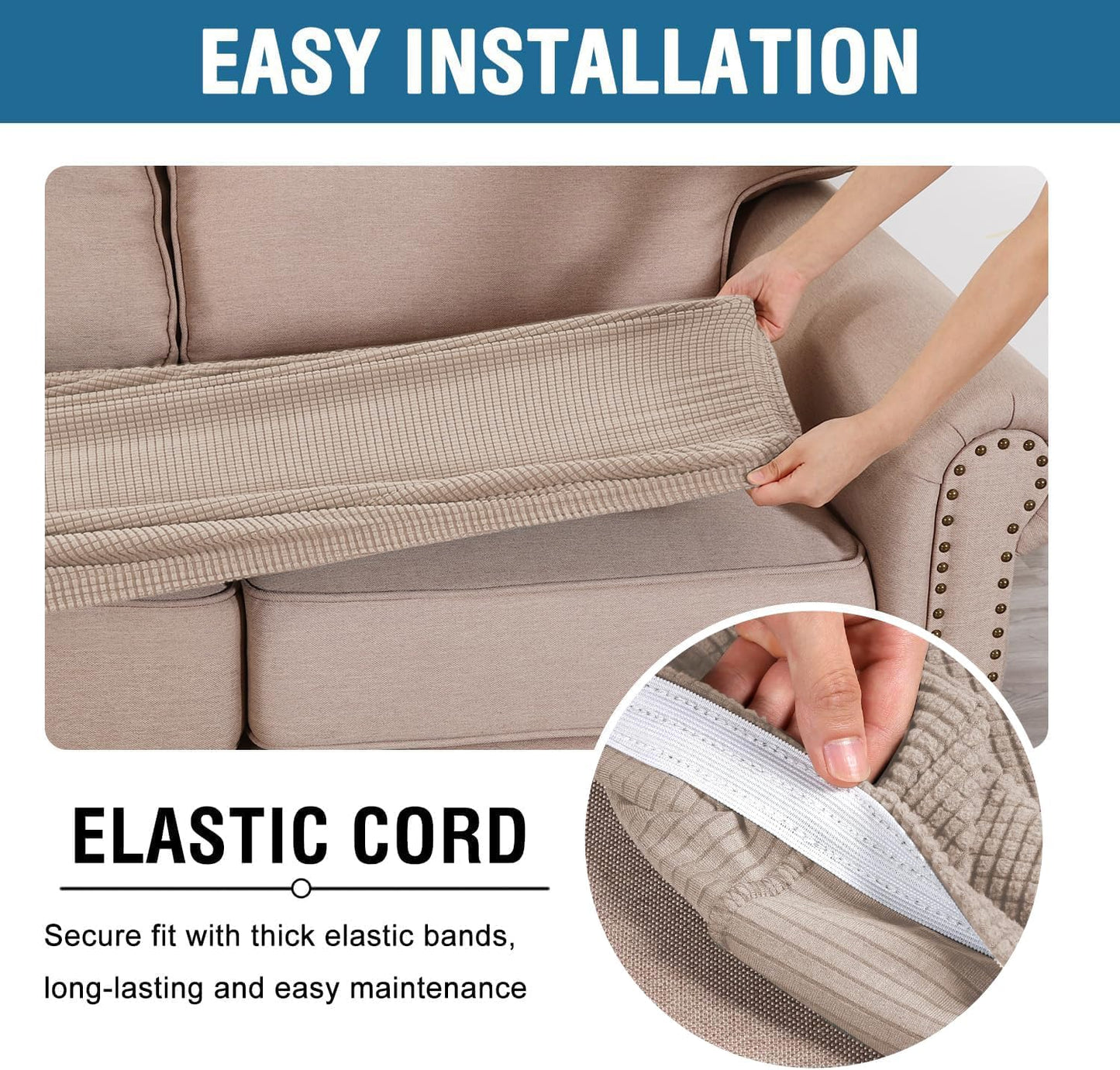 H.VERSAILTEX Super Stretch Individual Seat Cushion/Couch Slipcover Sets Thick Jacquard Textured Twill Fabric (3 Piece Sofa Covers, Sand)