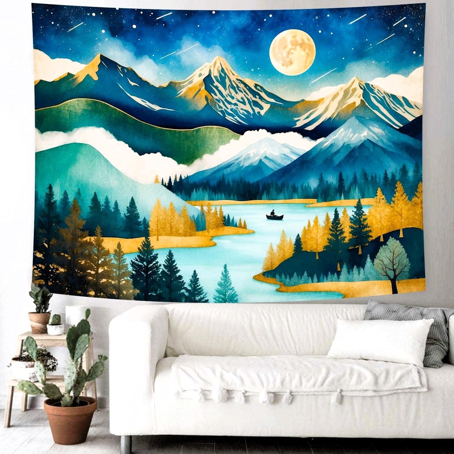 Delur Mountain Tapestry Boho Moon Stars Starry Night Tapestry Wall Hanging Forest Tree Nature Landscape Psychedelic Headboard for Bedroom Living Room Home Decor (70.8" x 92.5")