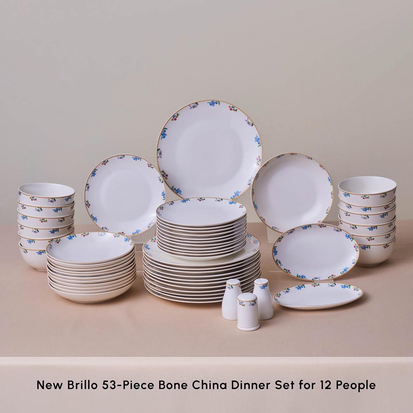 Karaca New Brillo 53-Piece Dinnerware Sets for 12 People, Modern Design, New Bone China Dinner Set, Kitchen Set with Serving Plates, Toothpick Holder