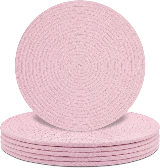 Round Placemats Set of 6, Cotton Rope Woven Table Mats, Hot Pads for Kitchen, Non Slip Heat Resistant Place Mats, 13 Inches Braided Placemat for Farmhouse Decor and Kitchen Table Decor (Pink)