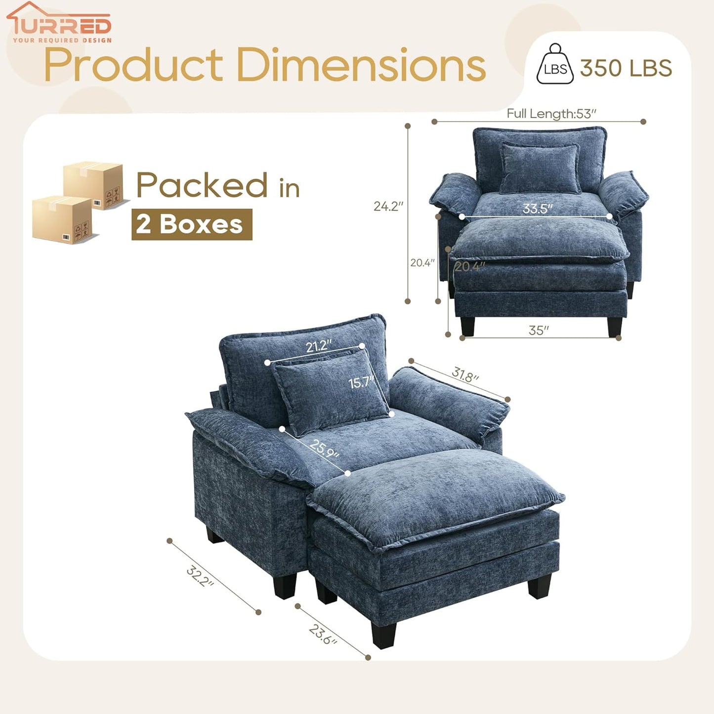 URRED Modular Sectional Sofa Comfy Cloud Couch, Modern Chenille Sofa Sleeper Deep Seat Couches with Ottoman/Pillows for Living Room (Blue, 53''- Ottoman)