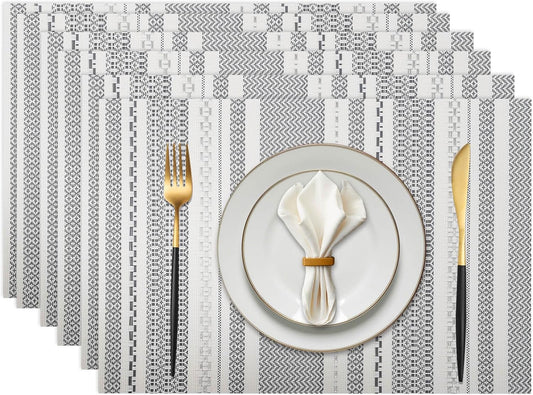 Vinyl Plastic Placemats Set of 6 Washable Heat Resistant Non-Slip Elegant Indoor Outdoor Kitchen Dining PVC Woven Table Place Mats (Dark Grey Striped Silver Wire)