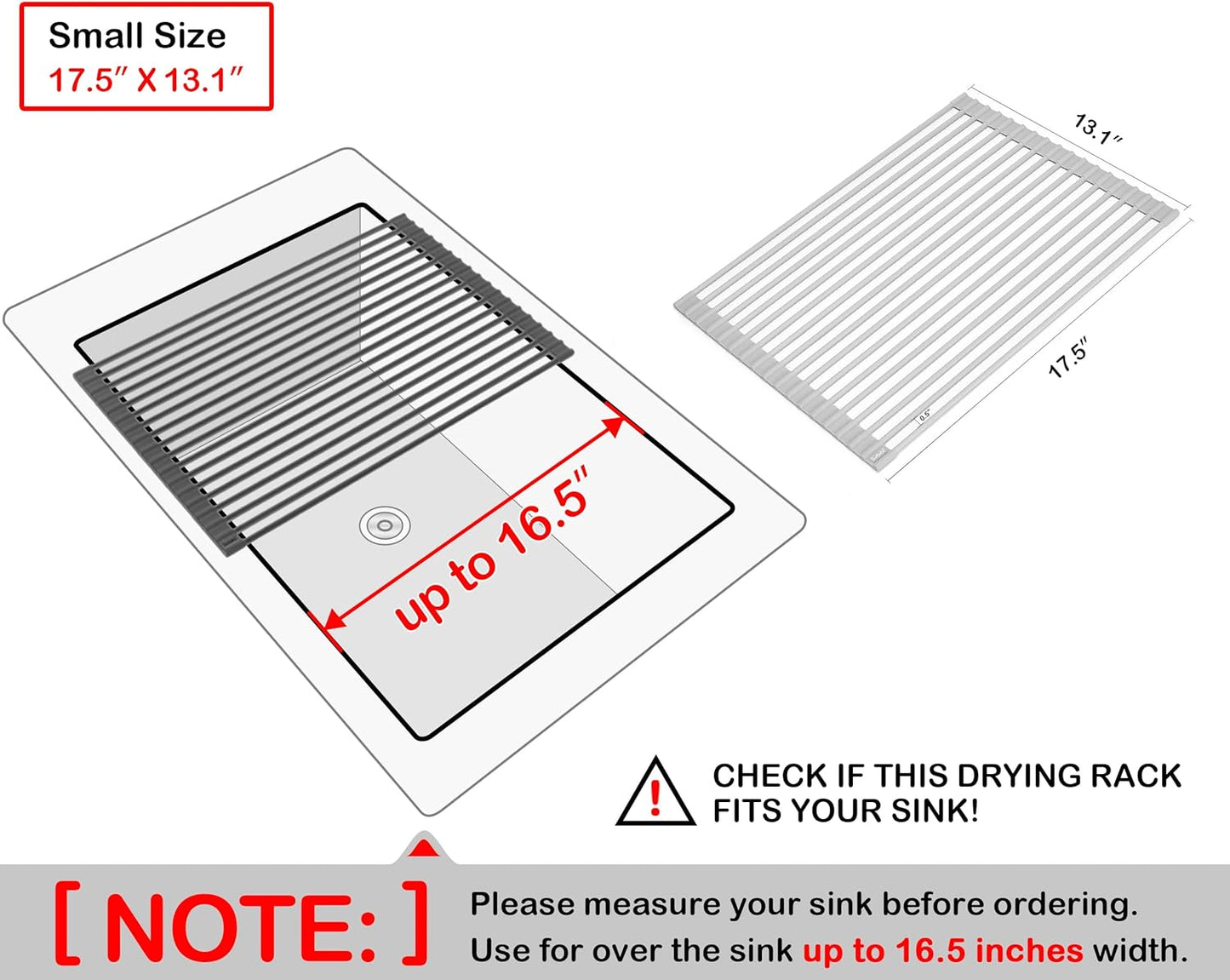 Surpahs Over Sink Foldable Multipurpose Roll-Up Dish Drying Rack, Silicone Wrapped Stainless Steel, Warm Gray, 17.5" x 13.1"
