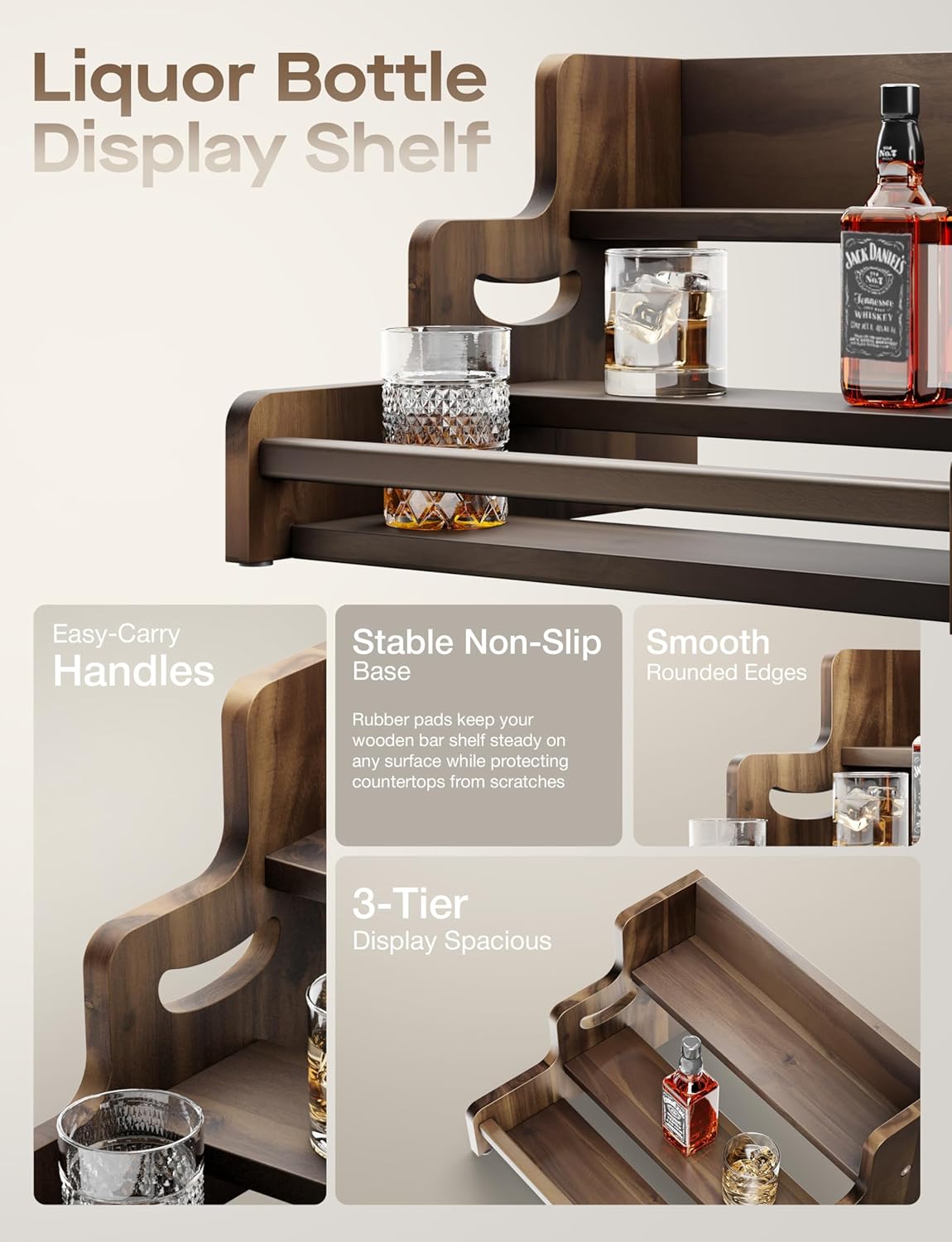 Tinamo Acacia Wood Liquor Bottle Display Shelf – 3-Tier Countertop Wine Rack, Bar Shelf – Whiskey Bar Stand for Home, Bottle Organizer for Countertop – Wine Holder with Handles (Walnut Color)