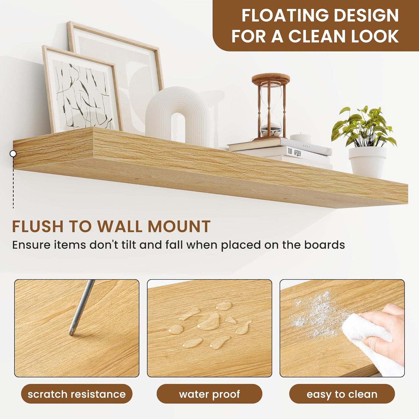 fuqing Floating Shelves for Wall, Bathroom Shelf Wall Mounted for Storage, Shelves with Invisible Bracket for Bedroom, Kitchen, Living Room, Farmhouse Small Book Shelf, 40 Inch Set of 2, Oak