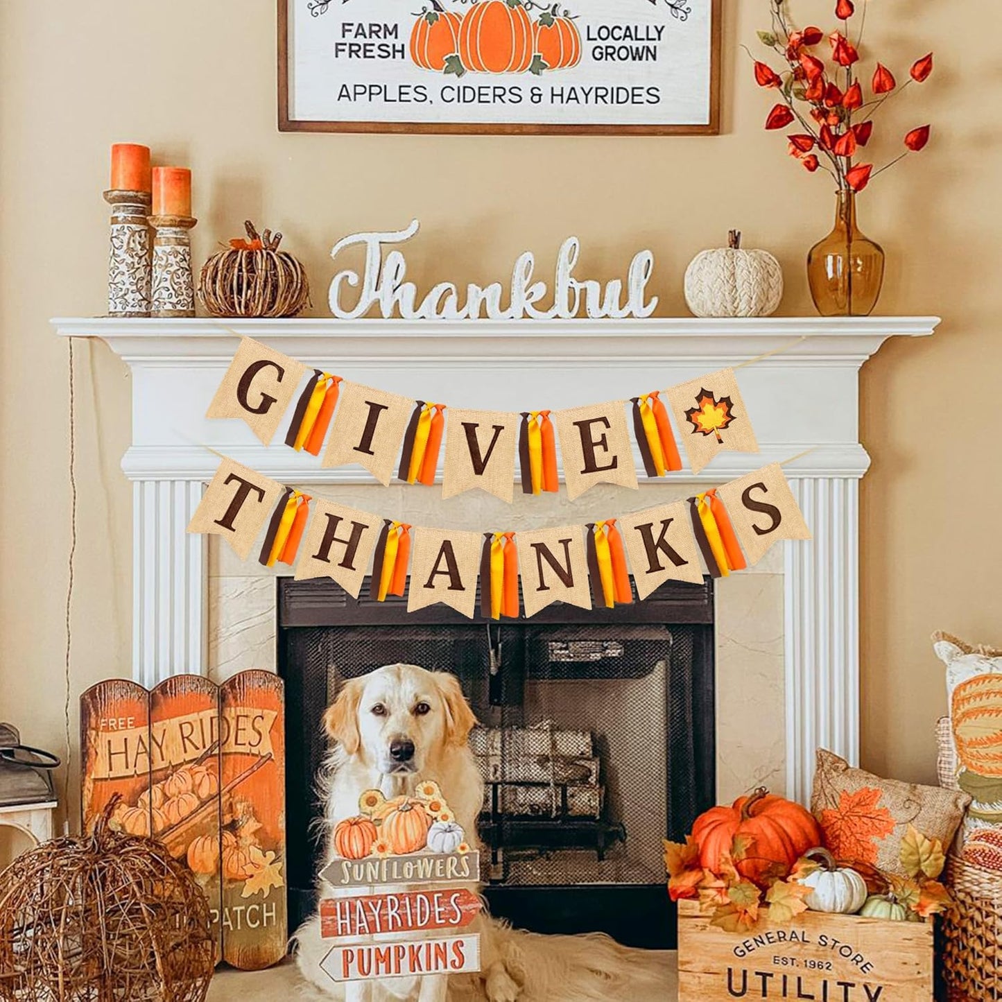 Thanksgiving Maple Leaf Burlap Pennant Banner Flag Felt Give Thanks Sign and Maple Leaf Pattern with Fall Color Ribbon for Thanksgiving Day Fall Autumn Harvest Birthday Party Decorations Supplies