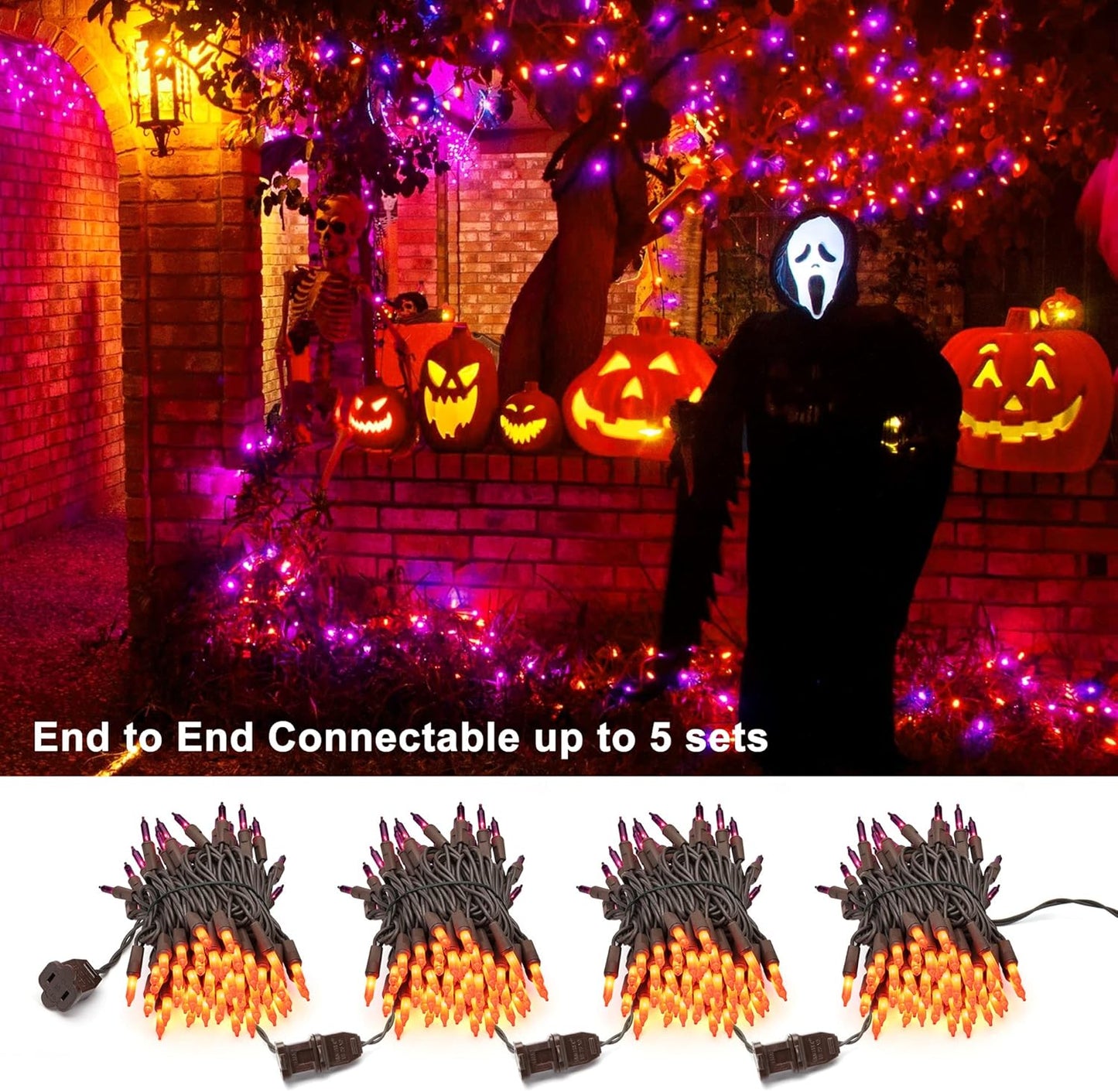 ODEETRONIC Purple Orange Lights, 21.63ft 100 Count Mini Incandescent Halloween Lights, 120V UL Certified Connectable Plugin Outdoor Tree Light, Brown Wire Indoor String Light for Party Spooky Decor